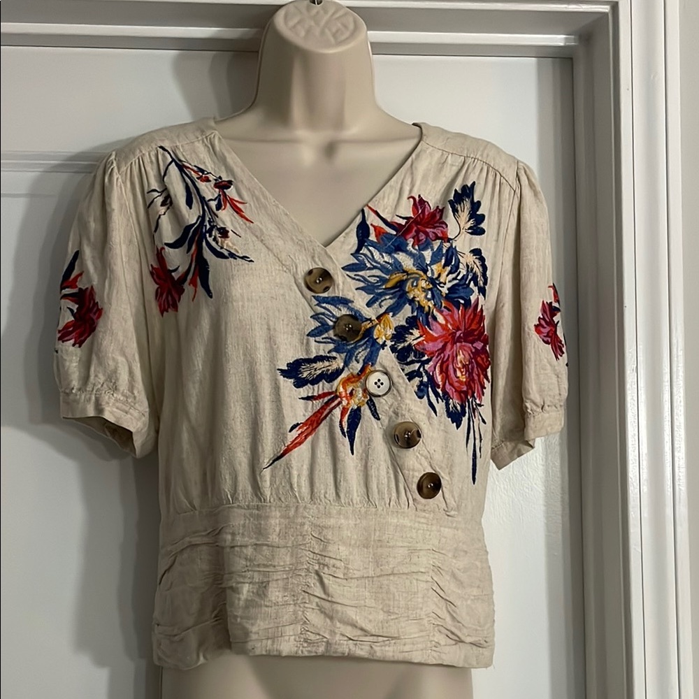 Cream and White Crop Blouse with Flutter Sleeves and Embellished Design